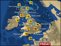 Weather map showing UK temperatures