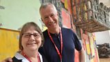 Phyllida Barlow and John Wilson next to her ‘Venetian balcony’