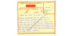 Telegram from the BBC Film Operations Manager to Attenborough in Fiji