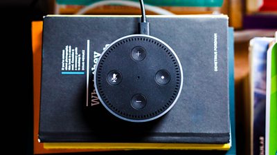 An Alexa device stacked on a pile of books, viewed from above.
