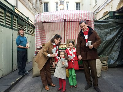 Deidree Braben (LIZ WHITE), Clare Braben (EMILIA AGNEW-MARQUEZ), Jane Braben (OLIVIA HIGDON), Eddie Braben (STEPHEN TOMPKINSON)(Image Credit; BBC/Objective Fiction/Tom Bryan)