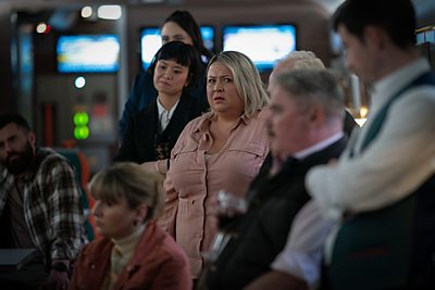 Danny Geoghan (DANIEL CAHILL), Chrissy Doolan (RUTH MAD, ELEY), Rachel Zhu (KATIE LEUNG), Sophie Warren (LEAH MACRAE), Arran Moy (ALEX FERNS) & Billy McCloud (SCOTT REID) in Nightsleeper (Credit: BBC/Euston Films/Mark Mainz)