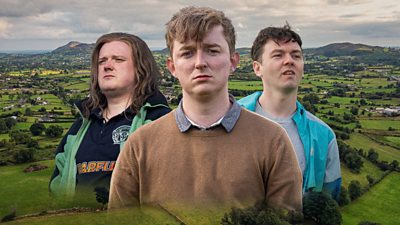 Composite image featuring photos of the three main characters on top of a photo of a rural landscape.