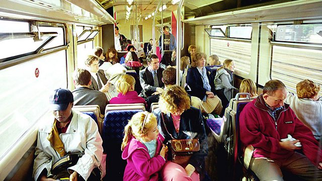 Inside a busy commuter train